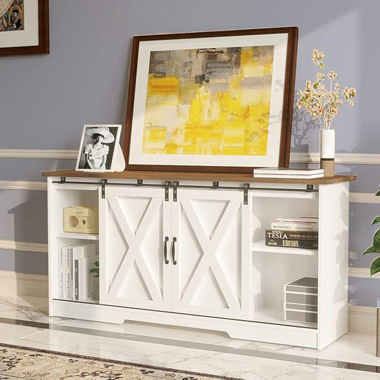 4 EVER WINNER White TV Stand for 65 inch TV for Living Room, Modern Farmhouse Barn Door TV Stand with Storage Cabinets and Adjustable Shelves for Bedroom, Media Entertainment Center TV Console Table-NeatNest