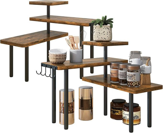 IBUYKE Countertop Organizer,3-Tier Spice Racks,Set of 2,Kitchen Counter Corner Shelf,4 Side Hooks,Adjustable Countertop Shelf for Kitchen, Bathroom, Coffee Bar, Cabinet, Desk,Rustic Brown,TLJ023H-2-NeatNest