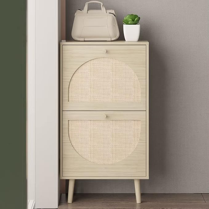 Karl Home Shoe Cabinet with 2 Flip Drawers, 2 Tier Freestanding Organizer, Rattan Storage Cupboard for Entryway, Hallway, Living Room, Natural-NeatNest