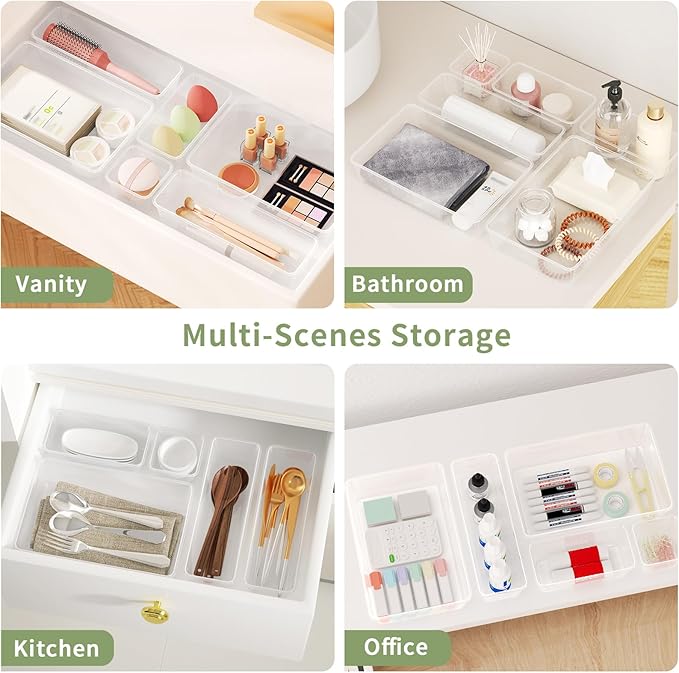 10 PCS Clear Drawer Organizer Set, 4 Sizes Plastic Makeup Organizer Trays with Non-Slip Silicone Pads, Desk Organization and Storage Bins for Vanity, Bathroom, Office, Kitchen, Fridge, School-NeatNest