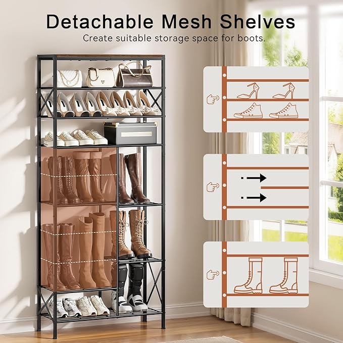 10-Tier Shoe Rack, Shoe Storage Organizer with Boots Storage, Large Capacity Shoe Shelf Holds 27-30 Pairs of Shoes, Durable and Stable, for Entryway, Closet, Hallway, Dorm Room, Rustic Brown-NeatNest