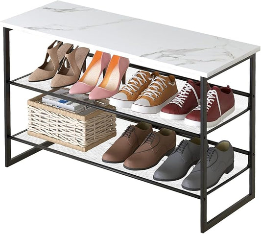Garden 4 you 3 Tiers White Marble Shoe Rack,Freestanding Organizer Multi-Purpose Adjustable Flat and Slant Storage Rack Shoe Shelf, High Heels Potted Plant for Entryway Hallway Living Room Closet-NeatNest