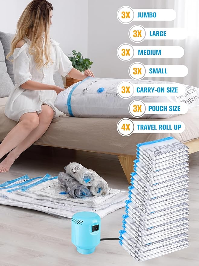 Vacuum Storage Bags with Electric Pump, New Air Valve Combo 22 Pack Compression Bag, Space Saving Vacuum Sealer Bag for Clothes, Blanket, Duvets, Pillows, Comforters, Travel, Two Compressing Ways-NeatNest