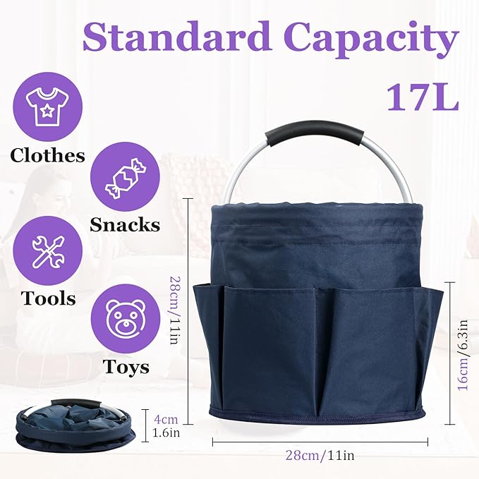 17L Cleaning Caddy with Handle, Portable Shower Caddy in 600D Oxford Fabric, Bucket Tool Organizer with 6 Side Pockets, Collapsible Storage Basket for Cleaning, Camping, Navy Blue-NeatNest