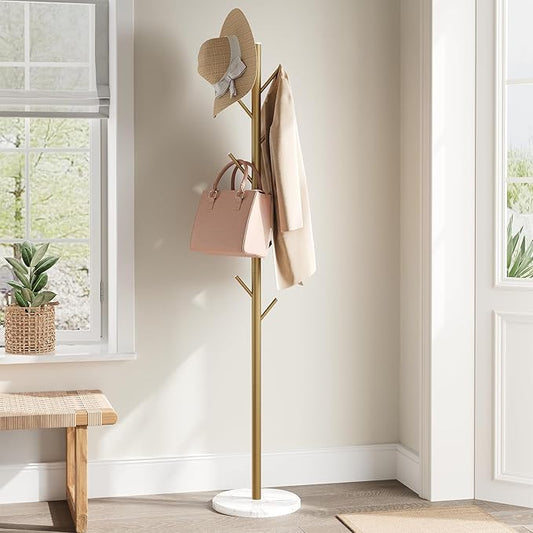 ELYKEN Coat Rack Freestanding with Natural Marble Base, Metal Coat Rack Stand with 10 Hooks, 3 Adjustable Size Coat Tree for Bags, Clothes, and Hats for Entryway, Bedroom, Hallway, Office, Gold-NeatNest