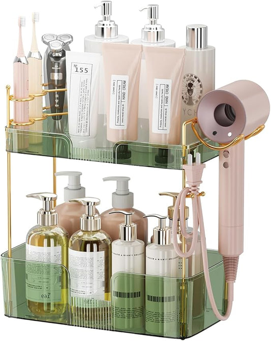 2 Tier Bathroom Organizer Countertop Makeup Perfume Tray Skincare Organizer Comes with Hair Dryer Rack and Toothbrush Holder for Bathroom Dresser Vanity (Green)-NeatNest