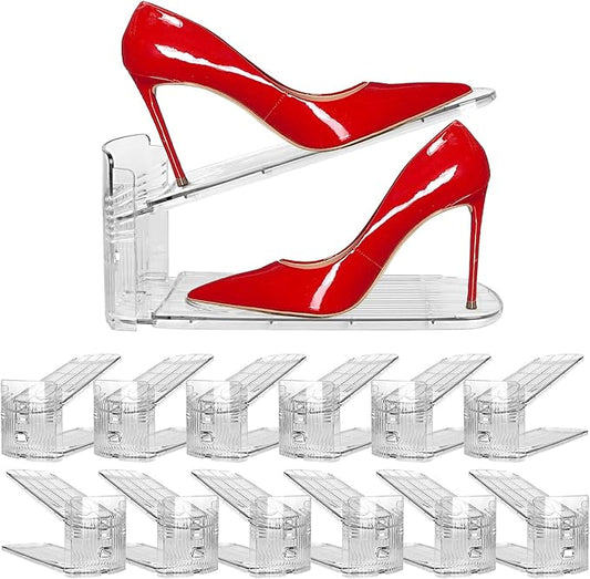 12 Pack Clear Shoe Slots Organizer - Adjustable Height 3.7''to 7.7'' Shoe stackers for a pair of shoes ,Shoe rack storage shoe space saver 50%,Easy to assemble shoe hold shoe organizer for cloest-NeatNest