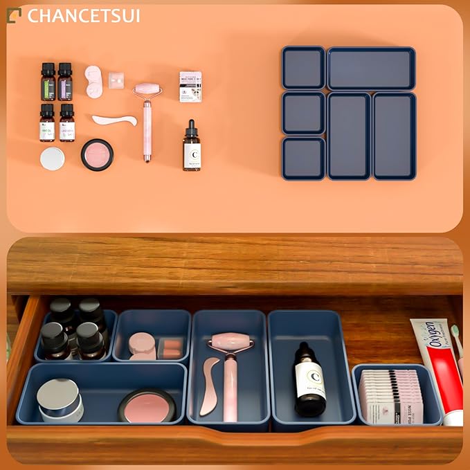 6 Pcs Stackable Drawer Organizer Set Desk Drawer Dividers, Bathroom Vanity Cosmetic Makeup Trays , Multipurpose Plastic Storage Bins for Jewelries, Kitchen Gadgets and Office Accessories, Blue-NeatNest