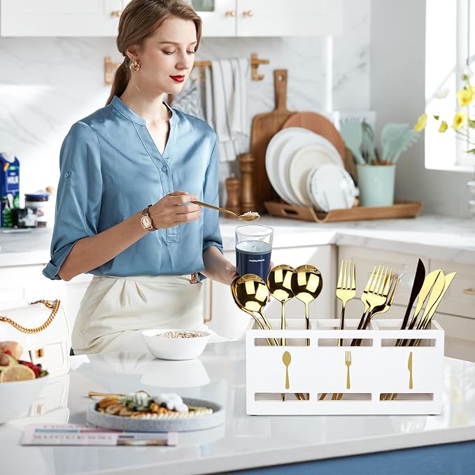 Ayiaren Wood Flatware Silverware Caddy White Cutlery Holder Kitchen Utensils Holder for Party Wooden Silverware Organizer for Countertop Knife Spoon and Fork Holder Table Utensil Caddy Organizer-NeatNest
