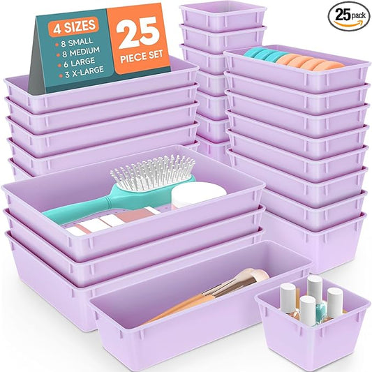 25 PCS Plastic Drawer Organizer Set, 4-Size Versatile Organizer Trays & storage Bins for Makeup, Jewelry, and Gadgets in Bathroom, Bedroom and Office, Purple-NeatNest