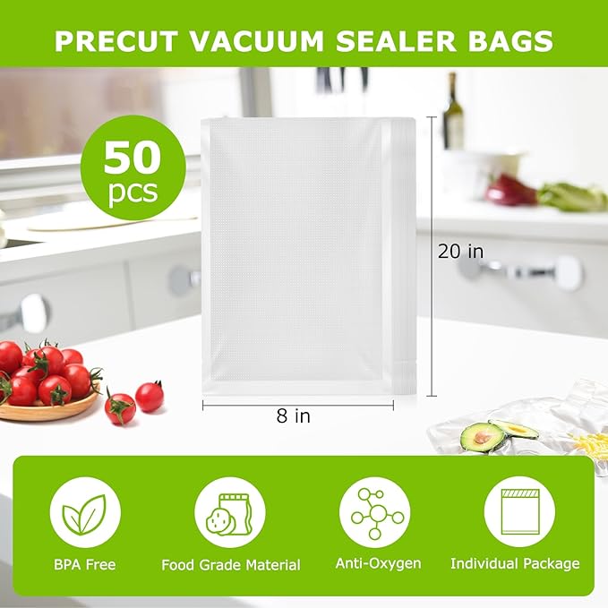 Bonsenkitchen Vacuum Sealer Bags, 50 Quart 8" x 12" Precut Food Sealer Bags, Commercial Grade, BPA Free, Heavy Duty, Customized Size Vacuum Bags for Vac Storage, Meal Prep or Sous Vide Cooking, VB12-NeatNest