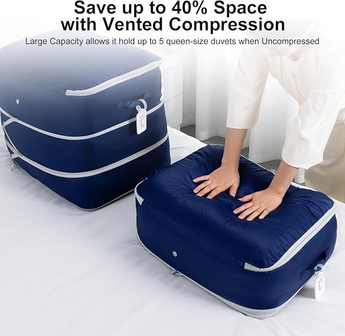 Comforter Storage Bag - Large Capacity Blanket Storage Bags 3-Layer Ultra Space Saving Self Compression Organizer, Washable Compression Bags for Storage Comforter Blanket, 2-Pack, Navy Blue-NeatNest