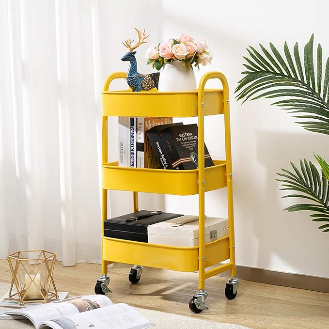AGTEK Makeup Cart, Movable Rolling Organizer Cart, 3 Tier Metal Utility Cart, Yellow-NeatNest