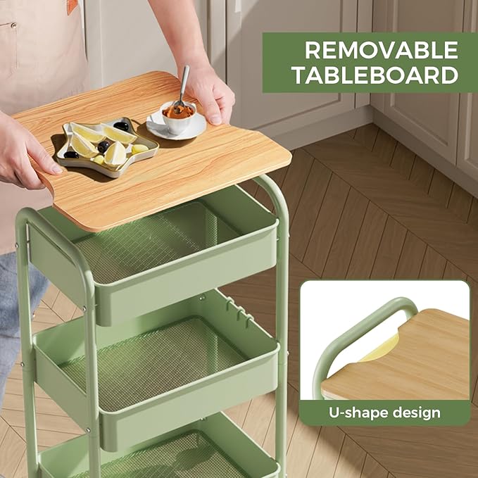 3 Tier Rolling Cart with Table top, Metal Rolling Utility Cart, Sturdy Storage Organizer Cart with Locking Wheels & Hooks for Office, Classroom, Kitchen and Bathroom-NeatNest