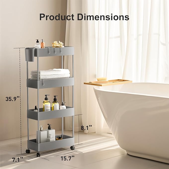 Pipishell Slim Storage Cart with Wheels, 4 Tier Bathroom Storage Organizer Rolling Utility Cart for Bathroom Kitchen Laundry Room Office Narrow Place (Gray)-NeatNest
