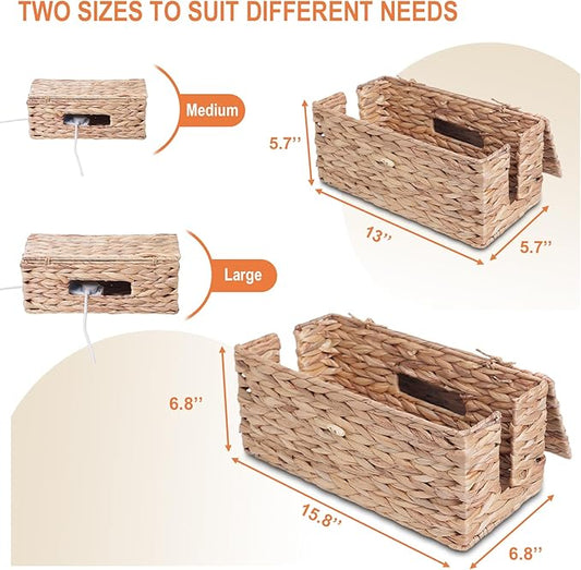 Cable Management Box, Handwoven Water Hyacinth Cable Organizer Box Set, 2-Pack Natural Water Hyacinth Cord Hider Box with Dual Openings & Lid - Hide Power Strips, Cords for Desk/Floor/Office-NeatNest