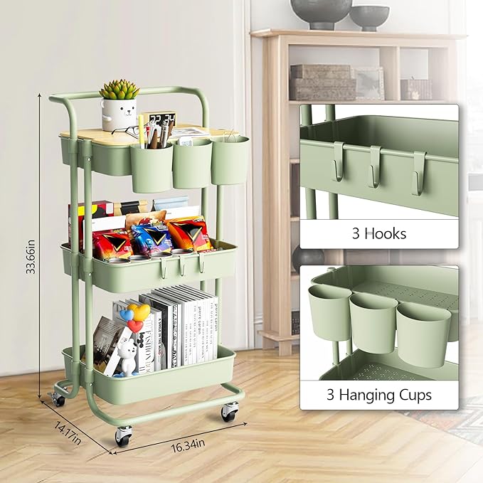 3 Tier Rolling Cart with Metal Handle, Table Top, Hanging Cups, Hooks, Plastic Storage Baskets& Wheels Lockable, Utility Cart for Bathroom Classroom Office Kitchen Pantry Organizers and Storage, Green-NeatNest