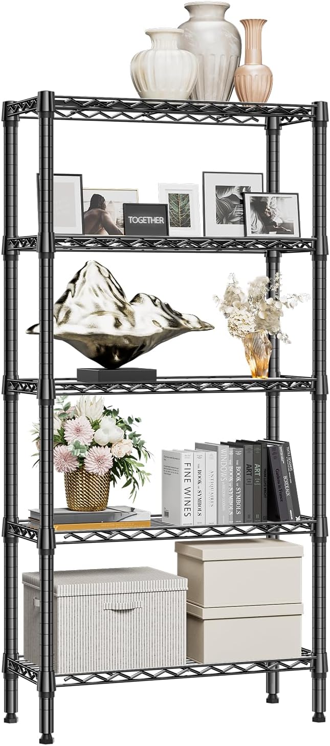 1250 lbs 5 Tier Shelf Metal Storage Shelves Wire Rack Closet Organizers for Garage Kitchen Bathroom Laundry Black 11.8" D x 29.5" W x 59.5" H