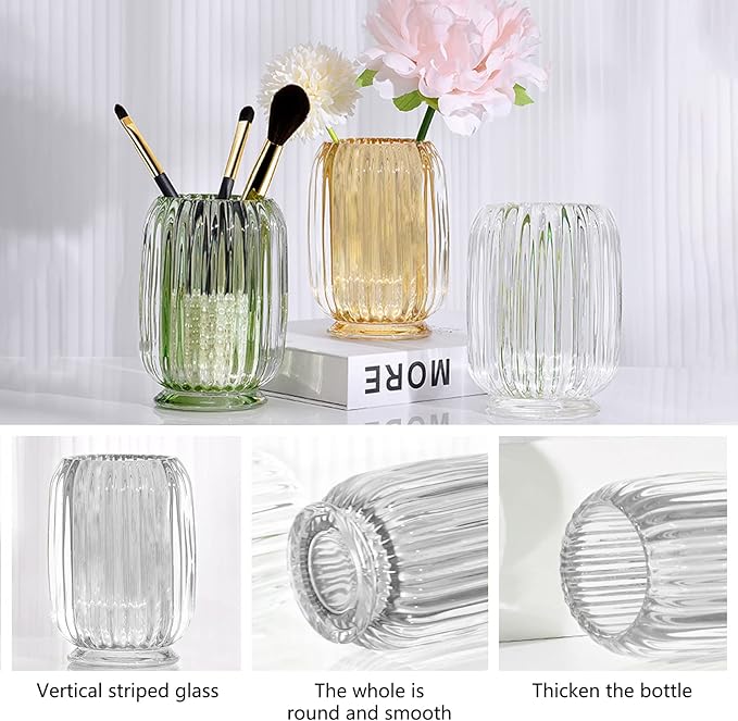 DASITON Makeup Brush holder Organizer,Crystal Cosmetic Makeup Brush Glass Brushes Storage Holder, Vintage Make Up Brush Cup Holder striped vase(Clear)-NeatNest