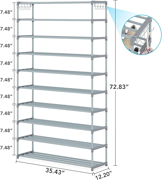 Tribesigns Upgraded 10-Tier Shoe Rack, Tall Shoe Organizer & Space Saver - Holds 50 Pairs (Grey Metal Tube)-NeatNest