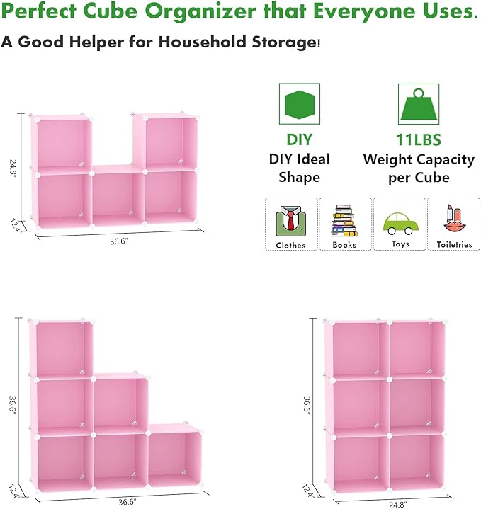 C&AHOME Cube Storage Organizer, 6-Cube Shelves Units, Closet Cabinet, DIY Plastic Modular Book Shelf, Ideal for Bedroom, Living Room, Office, 36.6" L x 12.4" W x 36.6" H Pink UPCS06P-NeatNest