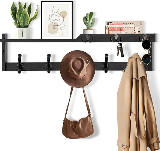29'' Coat Rack Wall Mount with Shelf, Coat Hanger Wall Mount with Key Hooks and Mail Holder, Wood Entryway Floating Shelf with Hooks and Storage, Hat Rack for Wall Key Holder Mail Organizer
