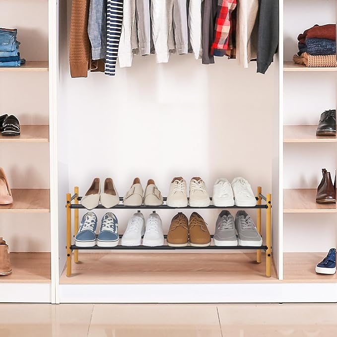 STORAGE MANIAC Expandable Shoe Rack, 8 Pairs Stackable Small Shoe Rack, Metal Adjustable Shoes Organizer for Closet, Entryway, Hallway, Garage, Front Door, Shoes Shelves, Bamboo 2 Tier-NeatNest