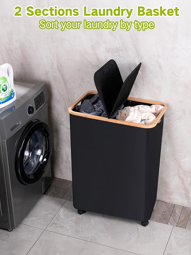 efluky Double Laundry Hamper with Wheels, Divided Laundry Hamper with Removable Bags, 2 Section Dirty Clothes Basket with Handles for Bathroom, Bedroom & Laundry Room, 160L Dark Black-NeatNest