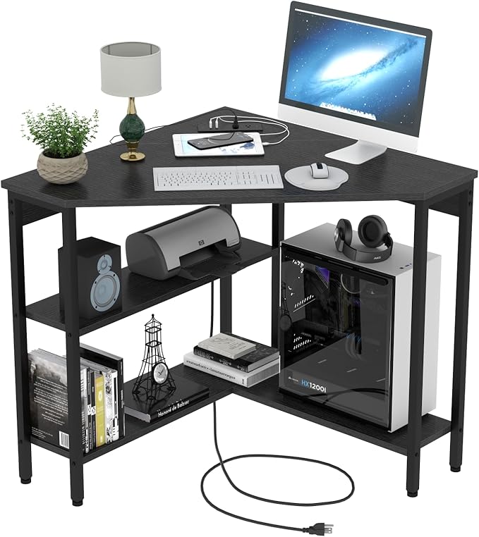 Corner Desk with Outlets & USB Ports, 90 Degree Triangle Corner Table with CPU Stand & Storage Shelves for Small Space, Computer Table with Charging Station for Home Office Bedroom (Black)-NeatNest