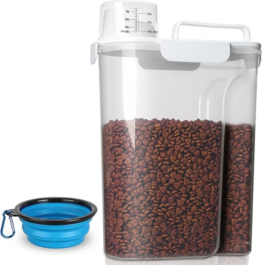 Dog Food Storage Container, 5-7 Lbs Airtight Pet Food Container, Cat food Container Dispenser with Portable Handle, Pouring Spout, Measuring Cup and a Collapsible bowl for Dogs Cats White/6Qt-NeatNest