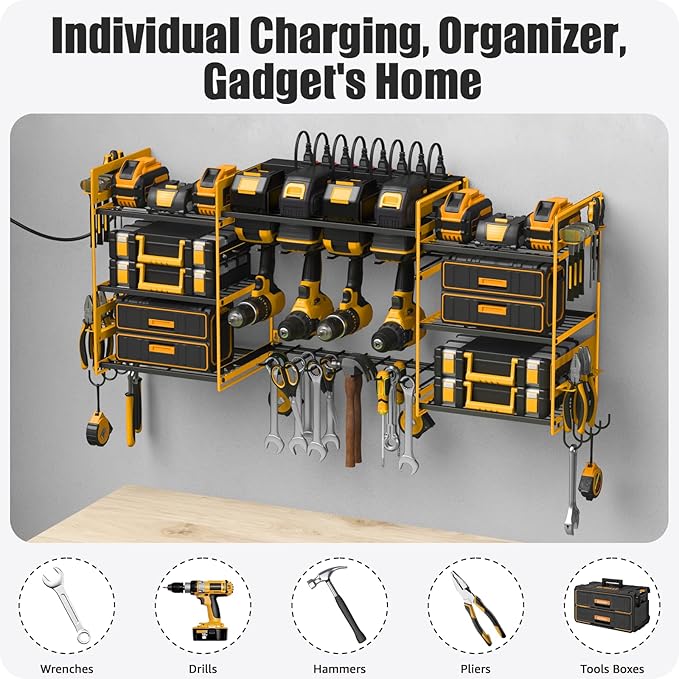 CCCEI Yellow Power Tool Organizer Wall Mount, Large Tools and Battery Storage Rack Charging Station Individual Switches. Drills Holder, Garage Utility Shelves with 6FT Power Strip. Gift for Men.-NeatNest