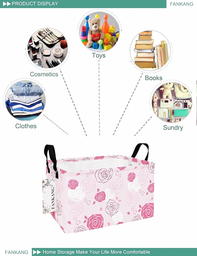 FANKANG Storage Bins, Nursery Hamper Canvas Laundry Basket Foldable with Waterproof PE Coating Large Storage Baskets for Kids Boys and Girls, Office, Bedroom, Clothes,Toys(Rec-Pink roses ）