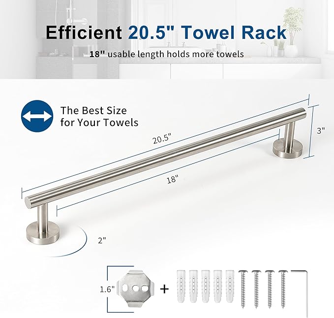 Brushed Nickel Towel Bar, 18 Inch Towel Racks for Bathroom Wall Mounted, Thicken SUS304 Stainless Steel Heavy Duty Hand Towel Holder Organizer, Bathroom Accessories, Total Length 20.5 Inch-NeatNest