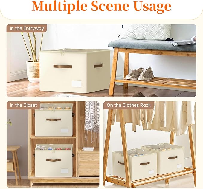 Shoe Organizer for Closet, 2 Pack Shoe Organizer with Clear Cover, Closet Shoe Storage Containers w/Adjustable Dividers, Foldable Storage Bins for Shoes, Fits 16-32 Pairs, Beige-NeatNest