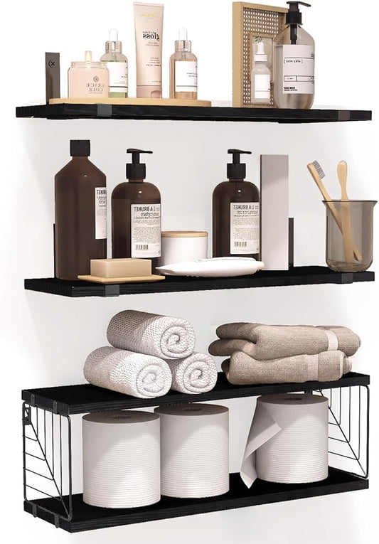Fixwal 3+1 Tier Bathroom Floating Shelves Over Toilet, 15.8in Farmhouse Rustic Wood Shelves, Wall Decor for Bathroom, Living Room,Bedroom and Kitchen (Black)-NeatNest