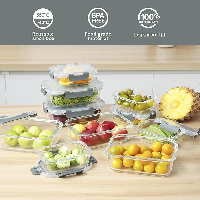 Glass Food Storage Containers with Lids,20 Pieces Glass Storage Container sets,Meal Prep Container,Airtight Glass Lunch Containers,Leakproof,BPA Free(10 lids & 10 Containers)-NeatNest