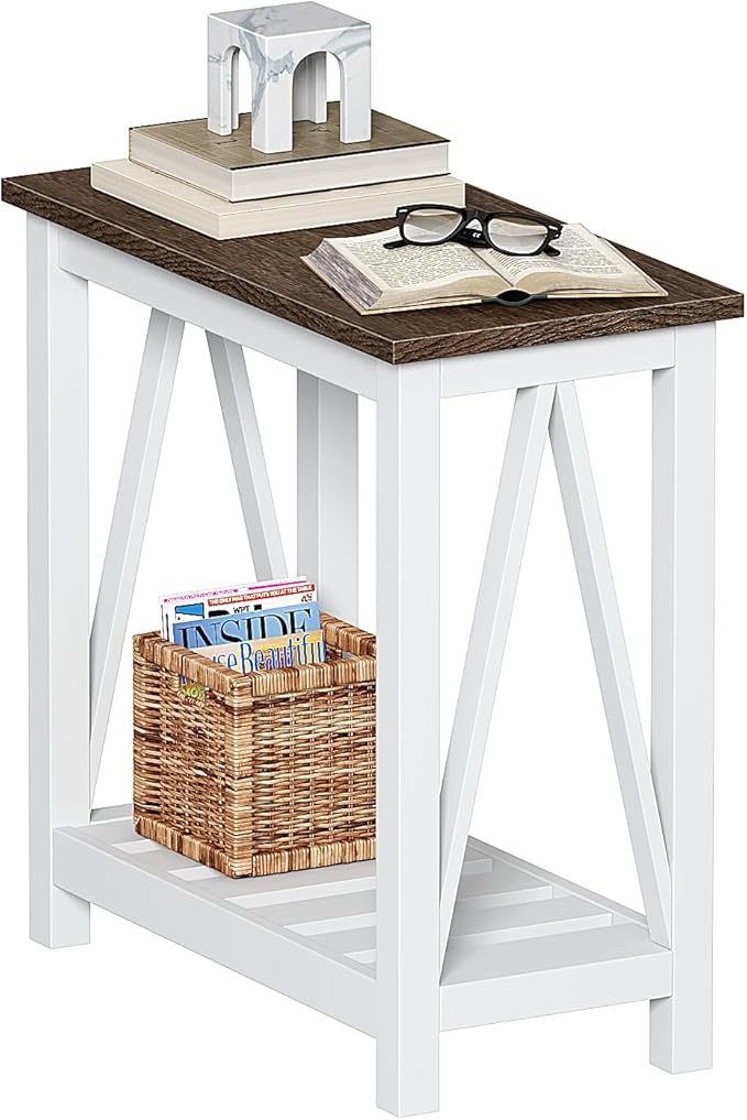 ChooChoo Farmhouse End Table, Narrow Side Table, Slim End Table with Storage Shelf for Small Spaces, Rustic Nightstand, for Living Room, Bedroom White-NeatNest