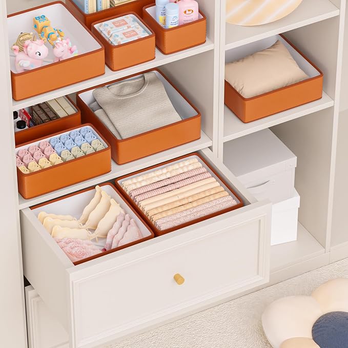 Vegan Leather Drawer Organizers,8 Pack Makeup Storage boxes,Vanity Drawer Luxury upgrade,Bedroom fabric Drawers replacement,bathroom organization and storage Optimal solution