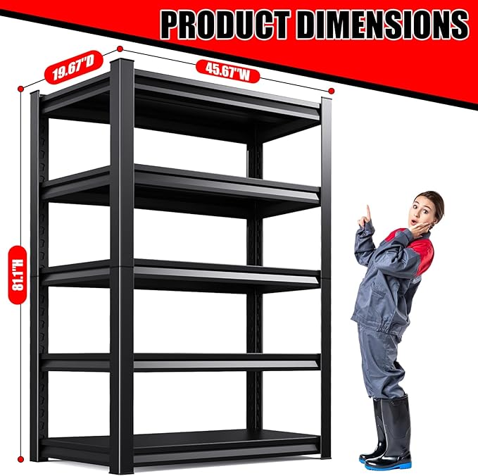 5-Tier Metal Garage Shelving, Heavy Duty Shelving 3500LBS Adjustable Garage Shelves,Utility Rack Large Industrial Shelves for Basement, Warehouse, Easy Assembly, Black 81.1''H x 45.7''W x 19.7''D