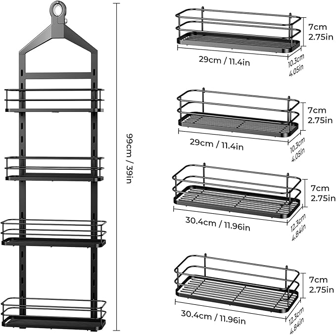 ODesign 4 Tier Height-Adjustable Shower Caddy Hanging Anti-Swing-Over The Shower Head Caddy-Sho wer Storage Organizer Bathroom Shelves Basket Caddies-Black