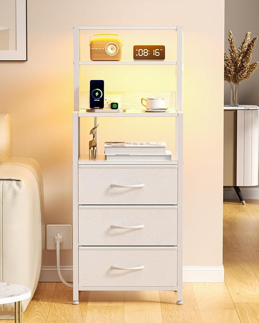 Furnulem Night Stand, Bedside Nightstand with 4-Tier Shelves and 3 Fabric Drawers, LED Bed Side Tables with Charging Station, Tall Bedside Table for Bedroom, Hallway, Office,White