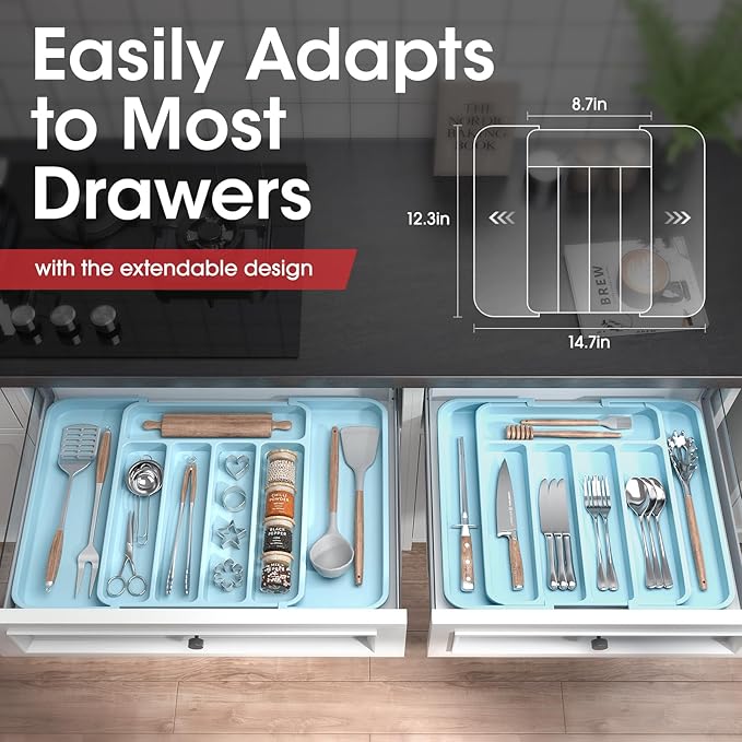 Aujen Silverware Organizer - Expandable Kitchen Drawer Organizer, Adjustable Utensil Organizer, Cutlery Tray for Forks, Knives, Multipurpose Kitchen Organizers and Storage Solution, Blue, Medium-NeatNest