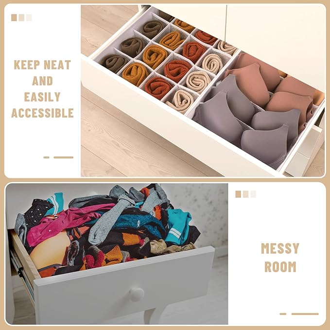 3 Pack Bra Underwear Drawer Organizer Dividers, 26 Cell Fabric Foldable Dresser Closet Organizers and Storage Boxes for Baby Clothes, Bra, Socks, Underwear, Ties (5+5+16 Slots, White)-NeatNest