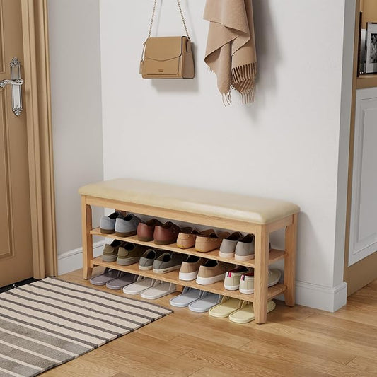Wood Shoe Rack Bench for Entryway, Shoe Rack for Front Door Entrance with Leather Cushion, 2 Tier Shoe Bench with Shoe Storage for Entryway, Bedroom.-NeatNest