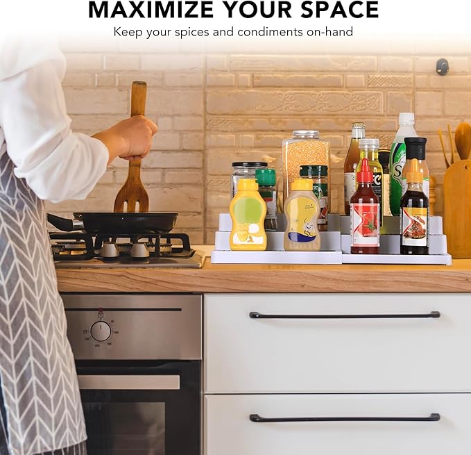 3-Tier Expandable Spice Rack, Plastic Spice Rack Organizer for Cabinet, Adjustable Length, Non-Skid Spice Shelf Organizer for Kitchen Cabinet, Countertop or Pantry, 2 Pack, White/Grey-NeatNest
