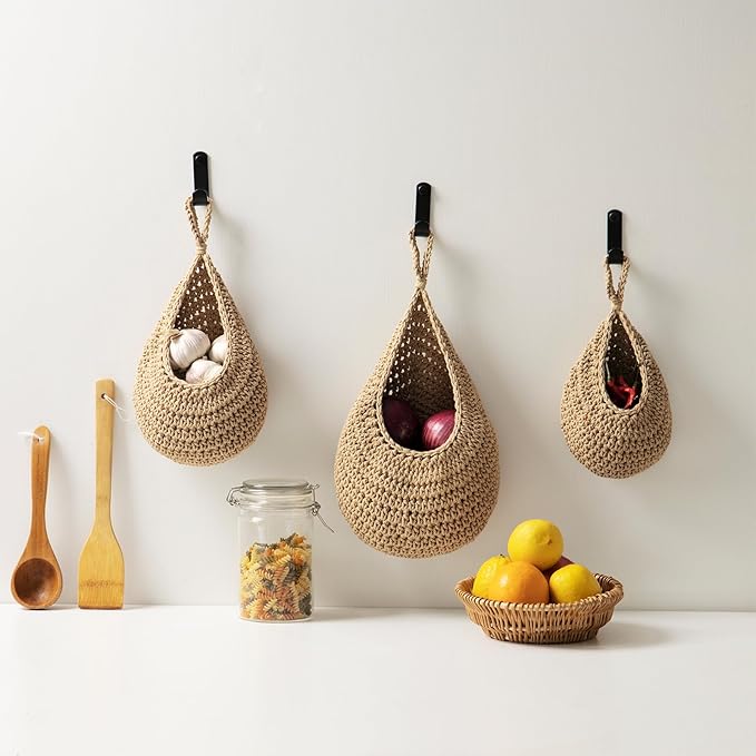 Hanging Fruit Basket Set of 3, Boho Wall Hanging Storage Basket for Organizing, Handmade Teardrop Hammock Holder for Fruit Vegetable in Home & Restaurant Kitchen with Hooks, Light Flaxen