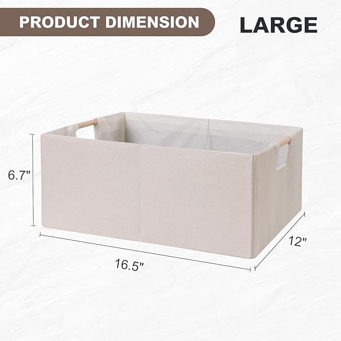 ANMINY 2PCS Storage Baskets for Organizing Collapsible Fabric Storage Bins Boxes with Wood Handles Closet Shelves Cube Organizer Bins Clothes Laundry Storage Container - Large, Beige-NeatNest