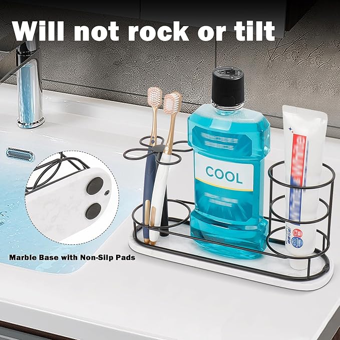HarJue Toothbrush Holder Stand for Bathroom, Metal Toothbrush Organizer with Marble Base, Toothbrush Storage Collection for Family, Suitable for Home Hotel Countertop Vanity (Large, Matte Black)