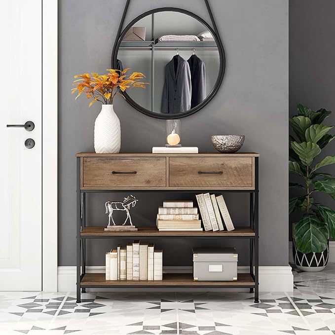 HITHOS Industrial Console Table with Drawers, Vintage Hallway Foyer Table with Storage Shelves, Narrow Long Sofa Entryway Table for Living Room, Rustic Brown-NeatNest