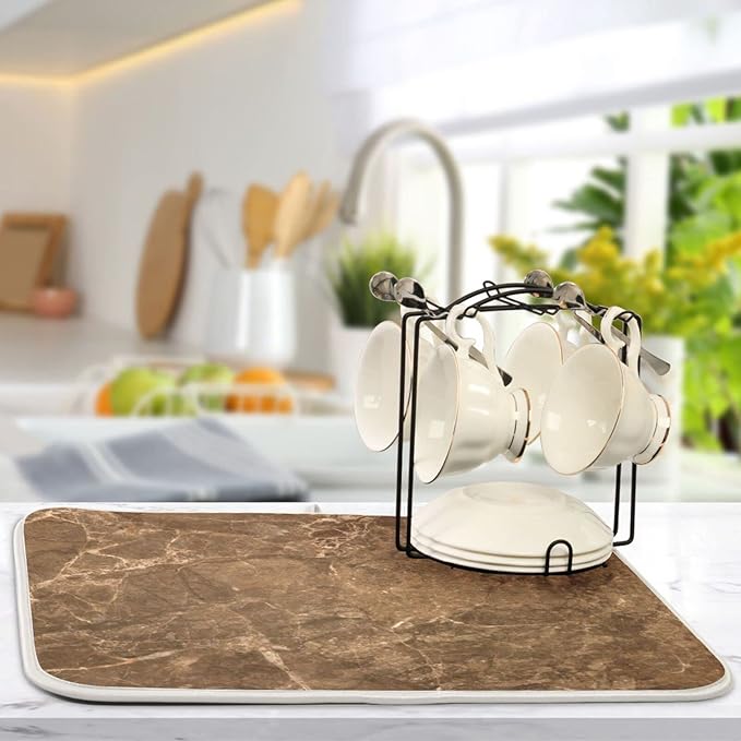 Brown Marble Texture Absorbent Dishes Drainer/Rack Mat for Countertop Small Size 16 x 18, Microfiber Dish Drying Pads Kitchen Counter Draining Pad-NeatNest
